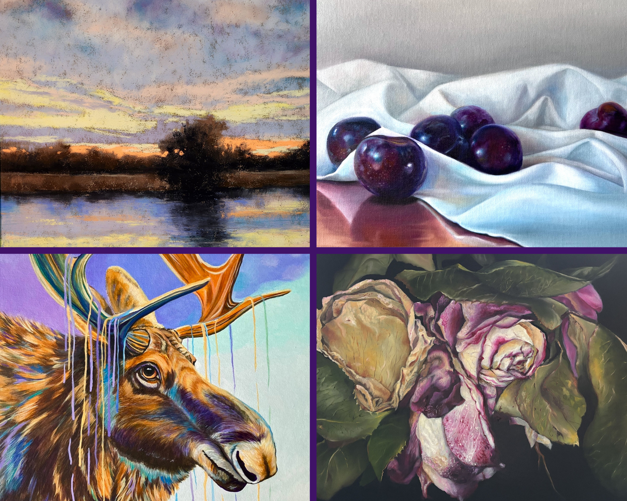 4 sample images of landscape, plums on a tablecloth, withering flowers, and a moose; all in purple tones