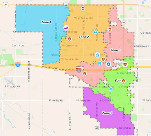 A color-coded map showing five water quality zones in Meridian, Idaho