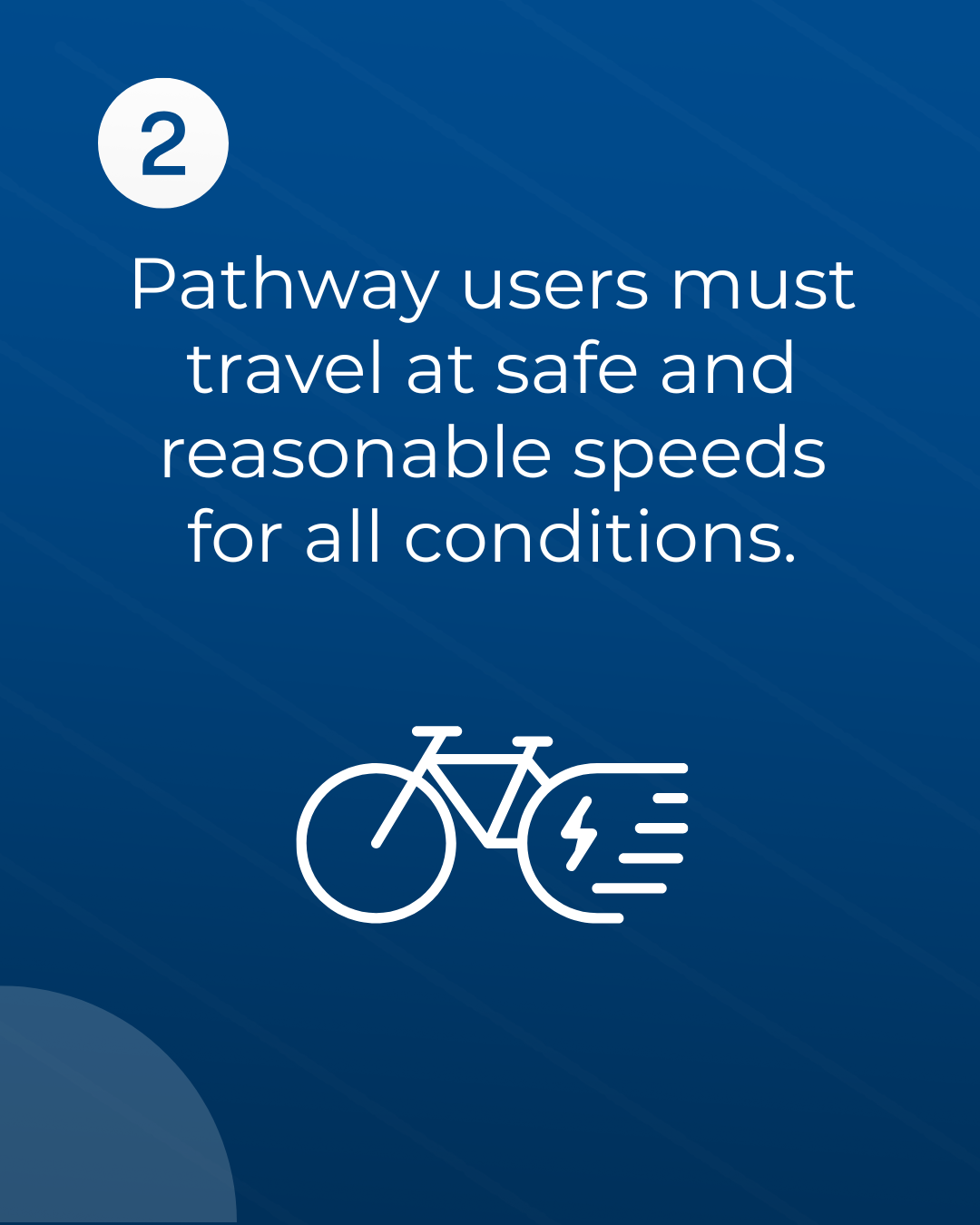 Slide 2 of 6: Pathway users must travel at safe and reasonable speeds for all conditions. Electric Bike Graphic showing motion